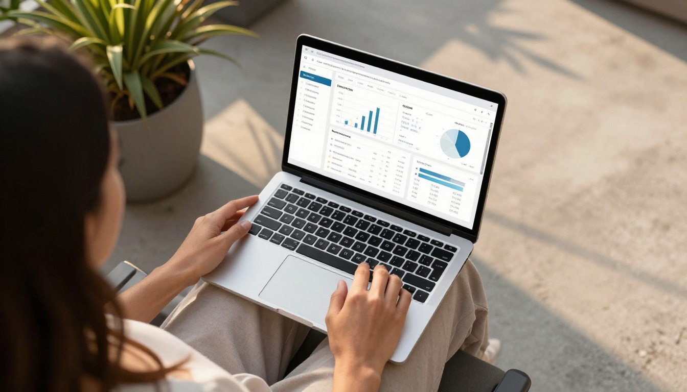 Woman holding laptop on outdoor terrace with analytics dashboard overhead aerial view Woman holding laptop on outdoor terrace with analytics dashboard overhead aerial view