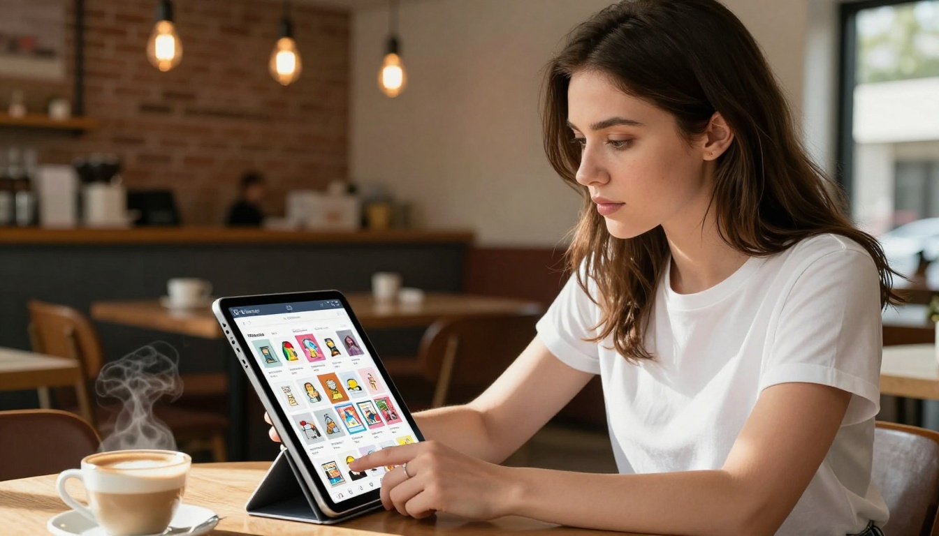 Woman browsing Pinterest feed on iPad at a sunlit cafe