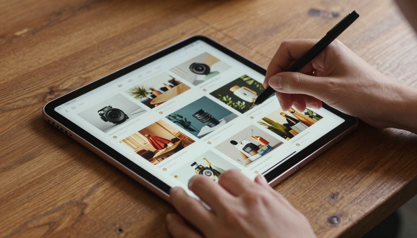 Hands scrolling through a digital product catalog flipbook on a tablet Hands scrolling through a digital product catalog flipbook on a tablet