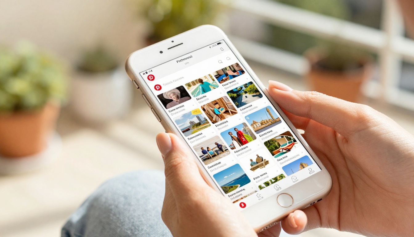 Close-up of hands holding iPhone showing a Pinterest profile grid filled with colorful flipbook pins