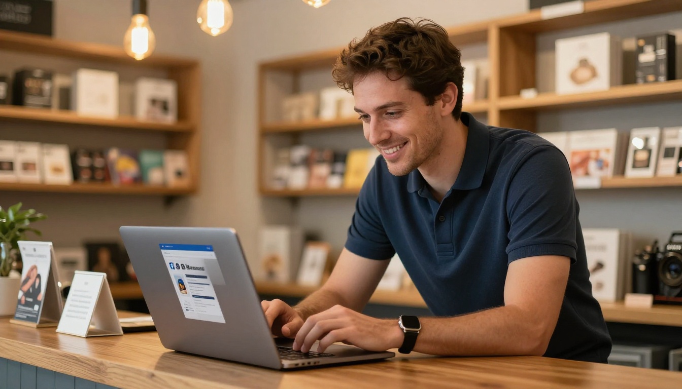 A small business owner reviewing his Facebook Business Page on a laptop behind a retail counter A small business owner reviewing his Facebook Business Page on a laptop behind a retail counter