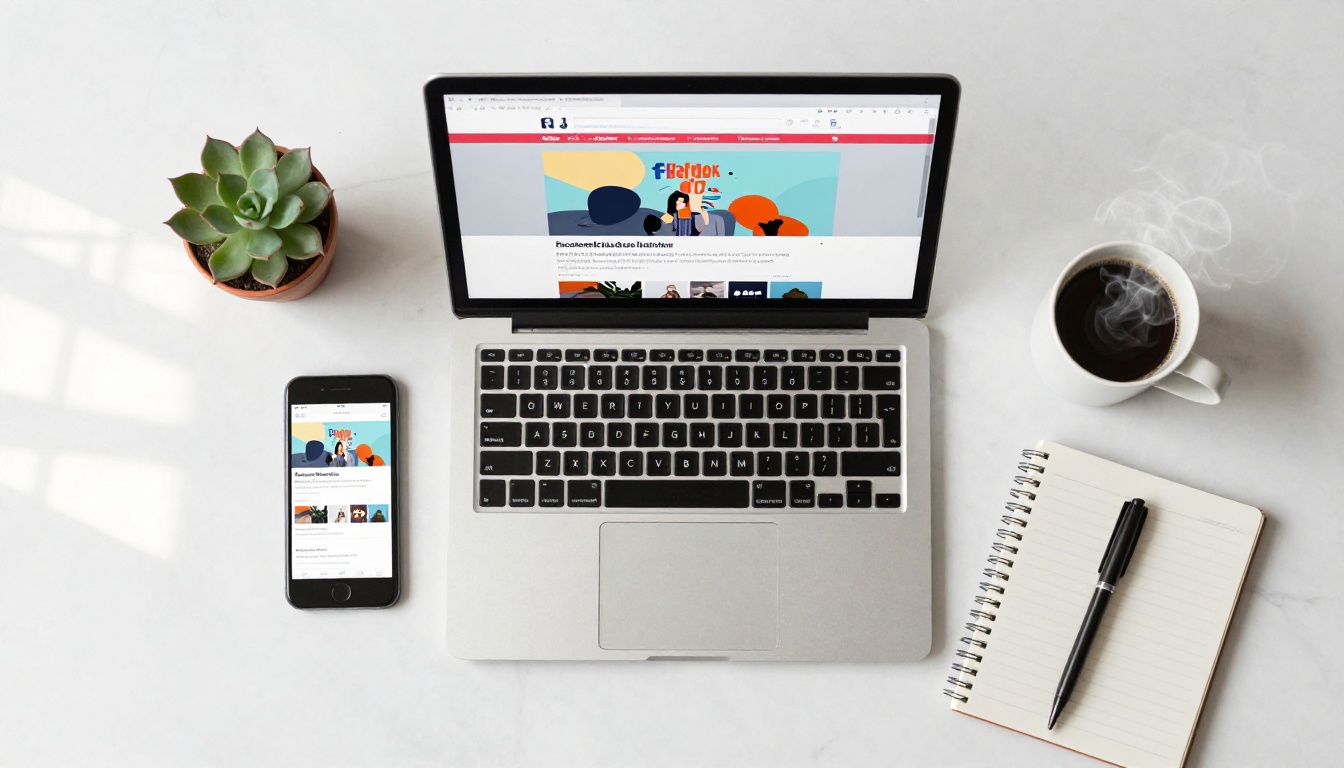 Overhead flat lay of a laptop, phone, and notebook on a white marble desk showing a Facebook page and flipbook Overhead flat lay of a laptop, phone, and notebook on a white marble desk showing a Facebook page and flipbook