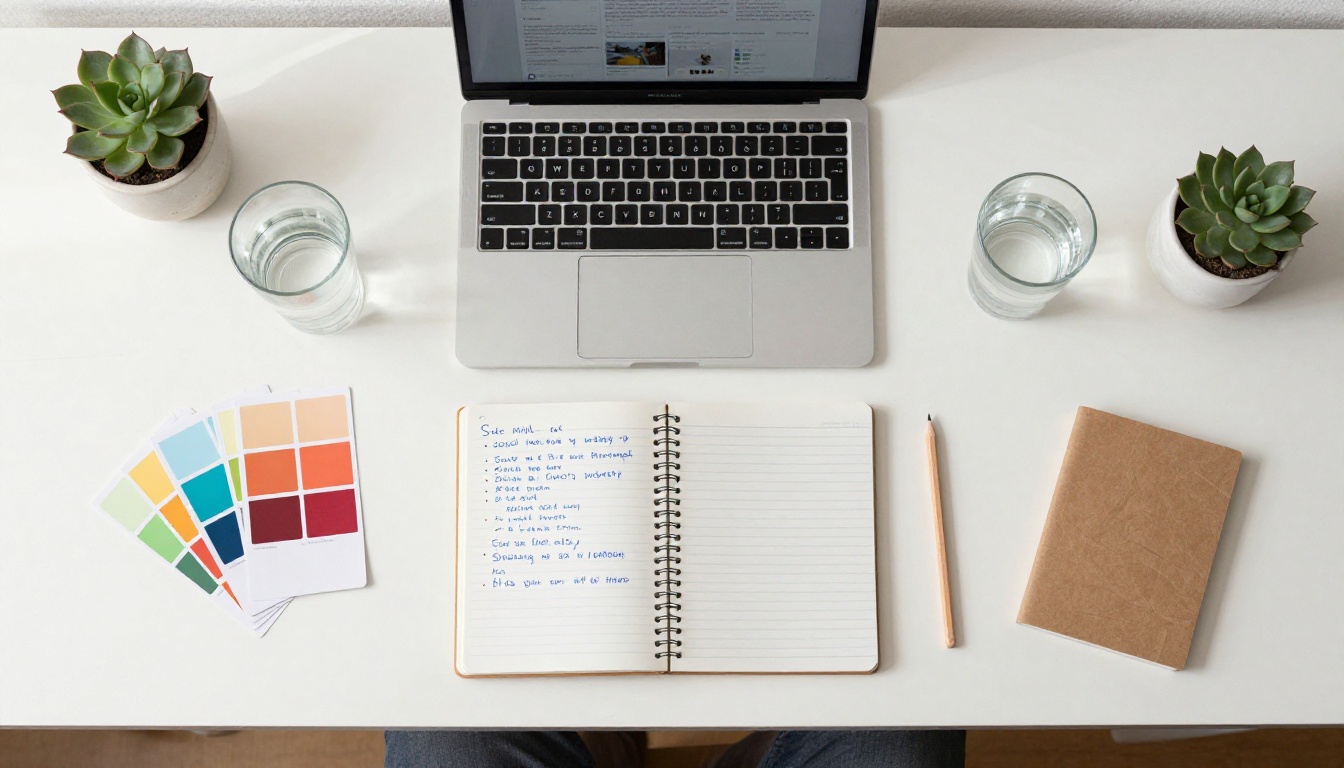 Aerial flat lay of creative workspace with Pinterest strategy notes and open laptop