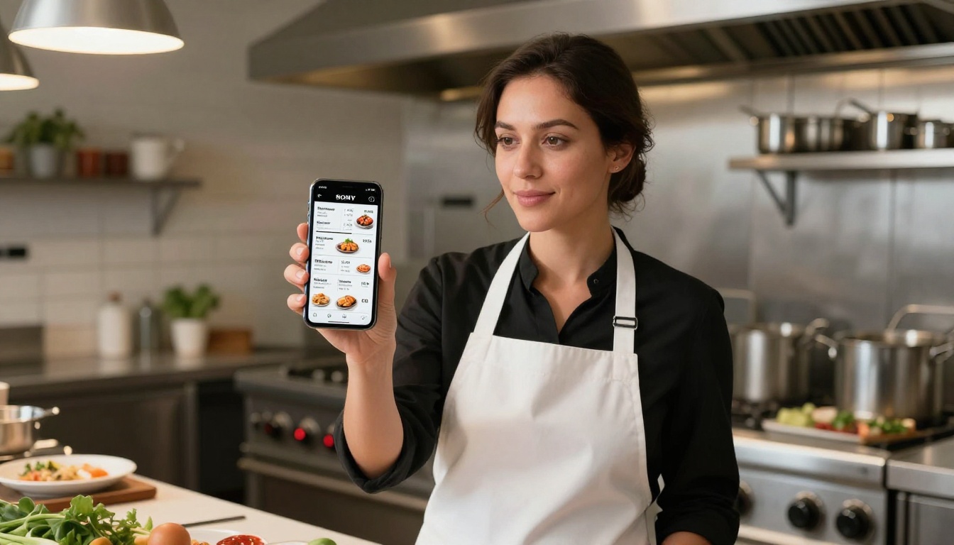 A restaurant owner in a white apron holding a smartphone with a digital flipbook menu on screen A restaurant owner in a white apron holding a smartphone with a digital flipbook menu on screen