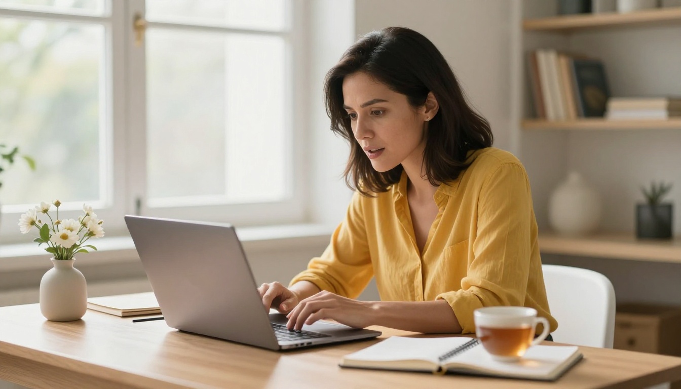 Woman leaning forward actively pinning flipbook content on Pinterest at her bright sunlit desk