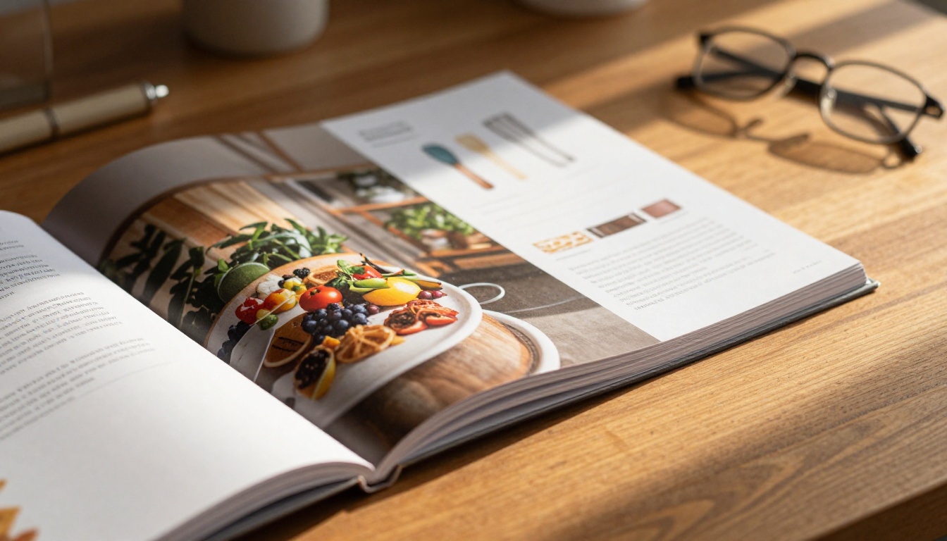 A beautifully designed product catalog spread open on a warm wooden table in afternoon sunlight A beautifully designed product catalog spread open on a warm wooden table in afternoon sunlight