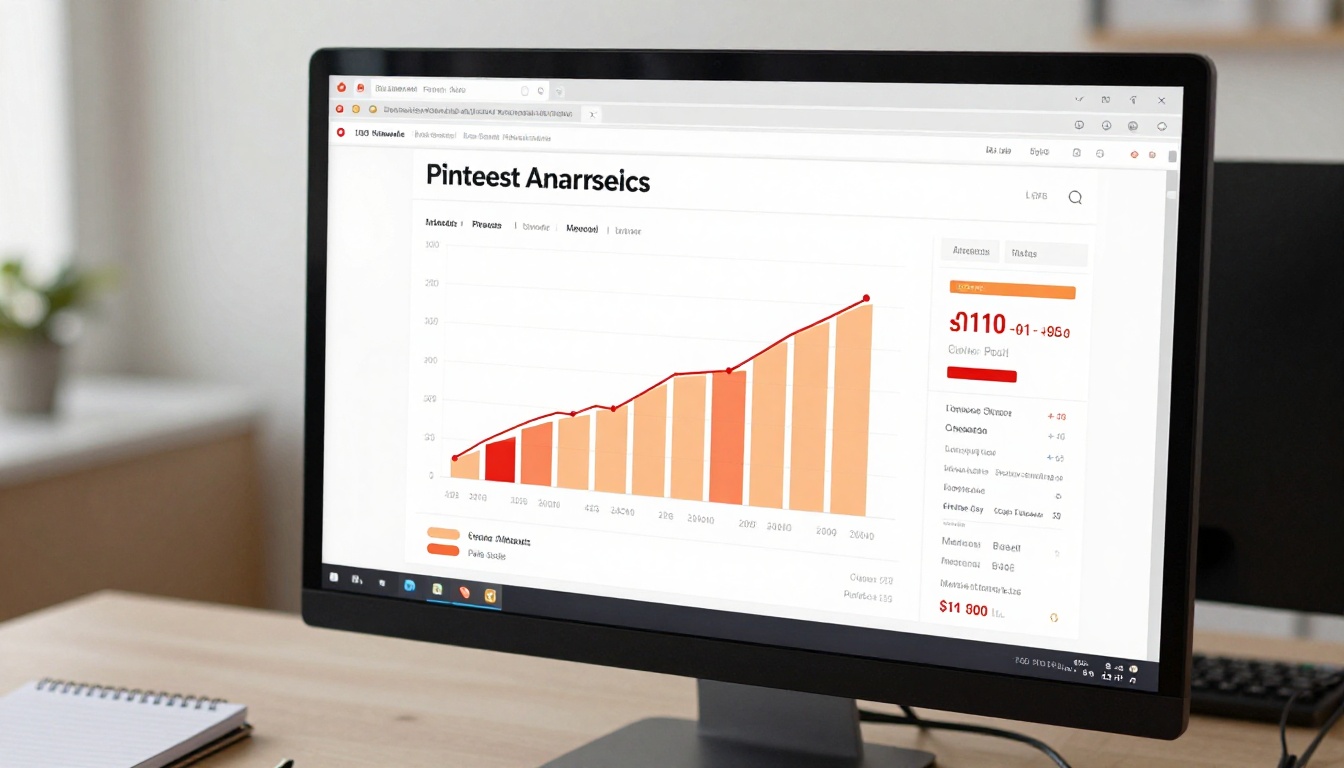 Computer monitor displaying a Pinterest analytics dashboard with upward trending traffic graphs