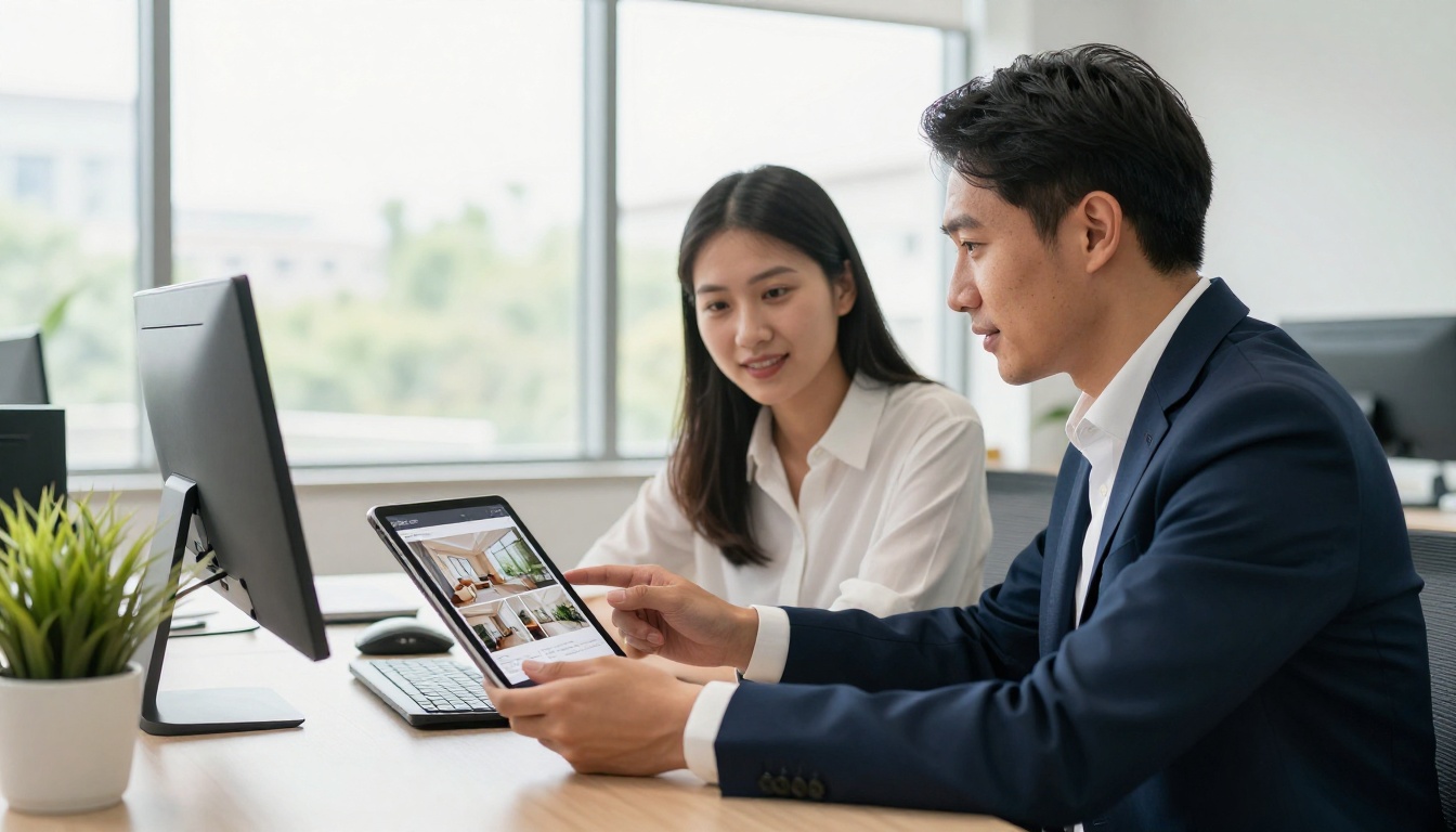 A real estate agent showing a digital property brochure flipbook on an iPad to a couple at a sunlit desk A real estate agent showing a digital property brochure flipbook on an iPad to a couple at a sunlit desk