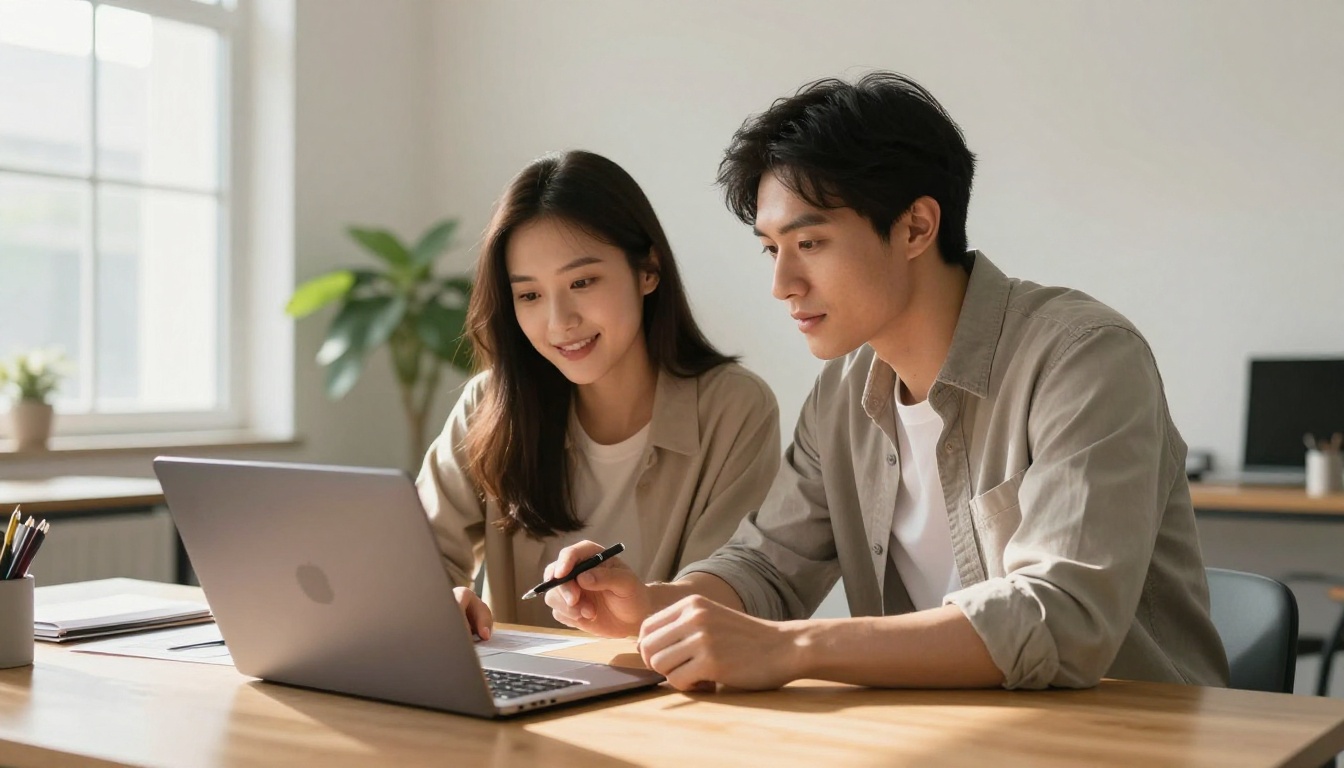 Two creative professionals reviewing a flipbook together on a laptop screen at a shared wooden desk