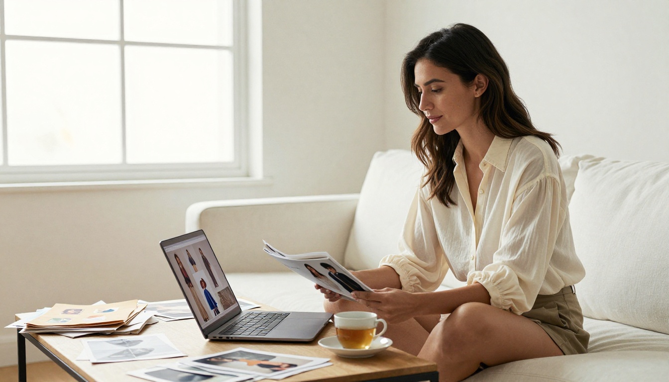A fashion brand owner sitting on a white sofa viewing a lookbook flipbook on her laptop A fashion brand owner sitting on a white sofa viewing a lookbook flipbook on her laptop