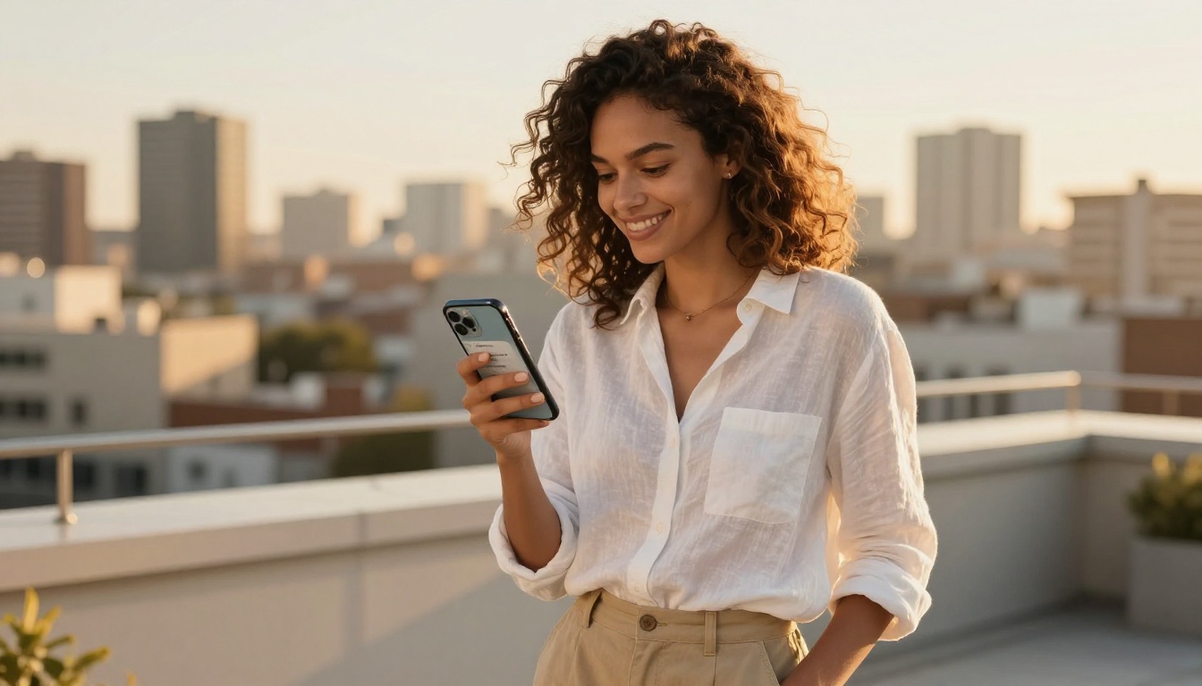 Woman smiling at smartphone receiving Pinterest notifications while standing on an urban rooftop terrace