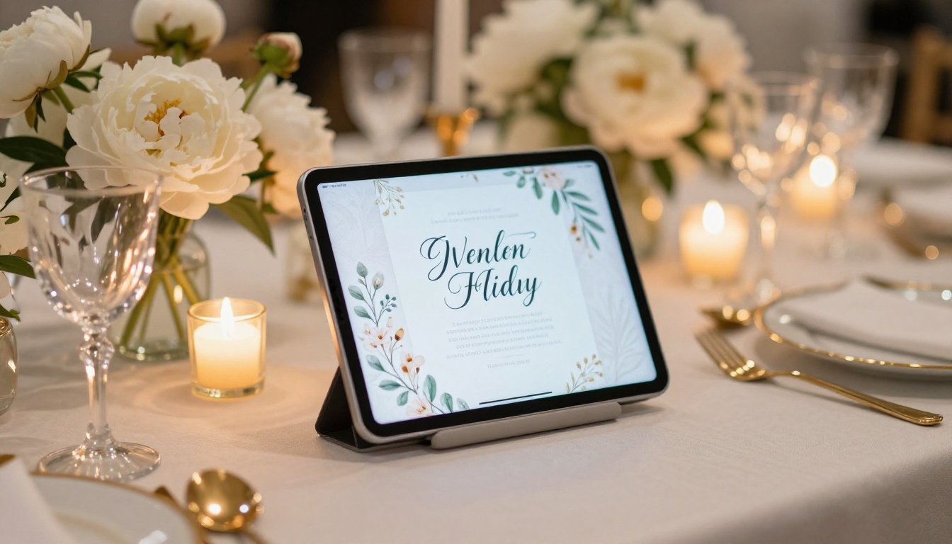 An elegantly decorated wedding event table with an iPad displaying a digital event program flipbook An elegantly decorated wedding event table with an iPad displaying a digital event program flipbook