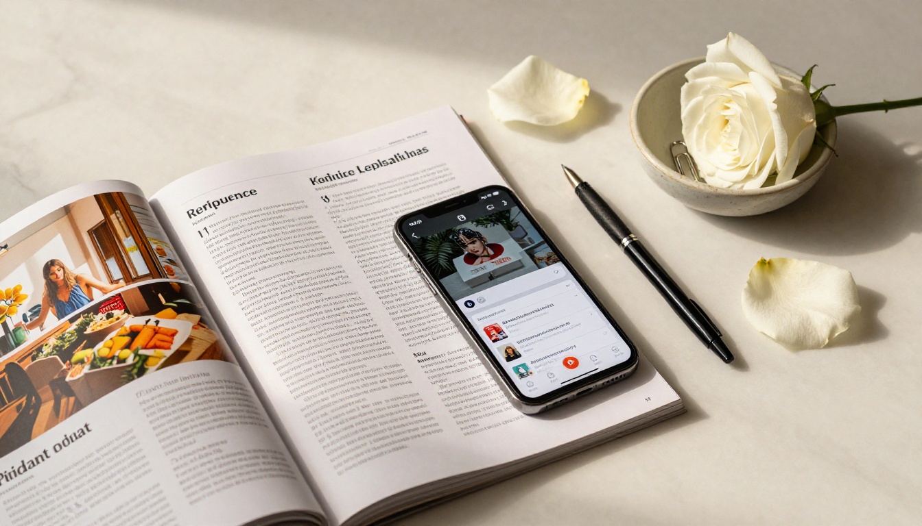 Styled flat lay of a digital flipbook reference page and smartphone on a warm white marble surface
