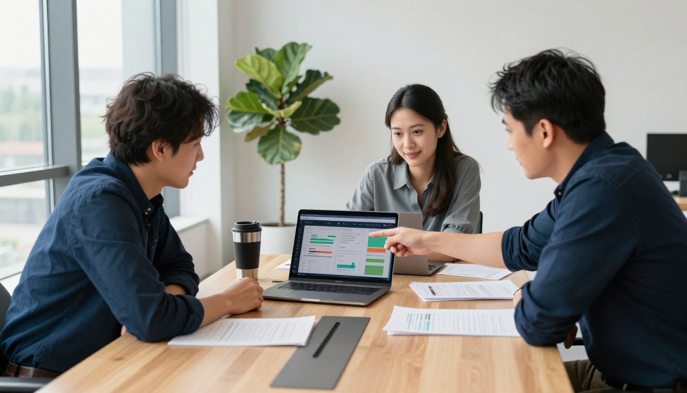 A team of business professionals gathered around a conference table looking at a laptop with flipbook analytics on screen A team of business professionals gathered around a conference table looking at a laptop with flipbook analytics on screen