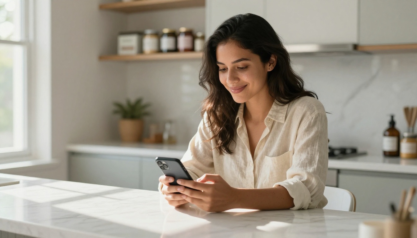 Small business owner sending digital catalog to customers via smartphone at marble kitchen island Small business owner sending digital catalog to customers via smartphone at marble kitchen island