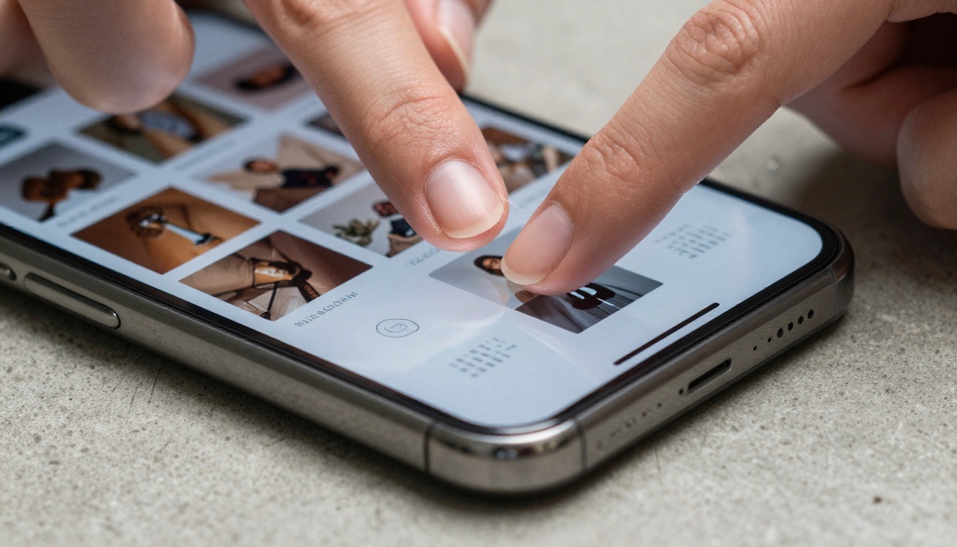 Macro close-up of a woman's fingertip swiping through a digital product catalog on a smartphone screen laid flat on concrete Macro close-up of a woman's fingertip swiping through a digital product catalog on a smartphone screen laid flat on concrete