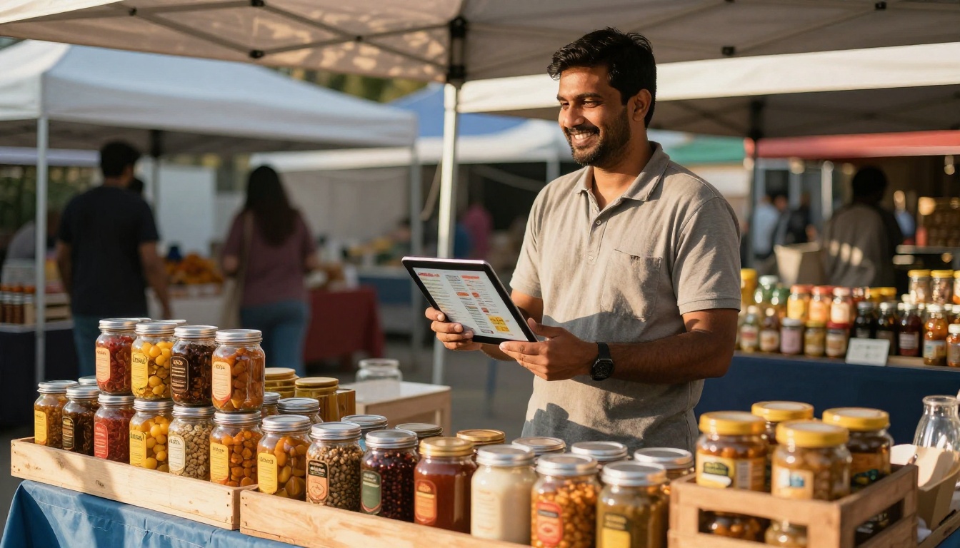 South Asian market stall owner showing a digital menu on a tablet to a customer at an outdoor farmers market South Asian market stall owner showing a digital menu on a tablet to a customer at an outdoor farmers market