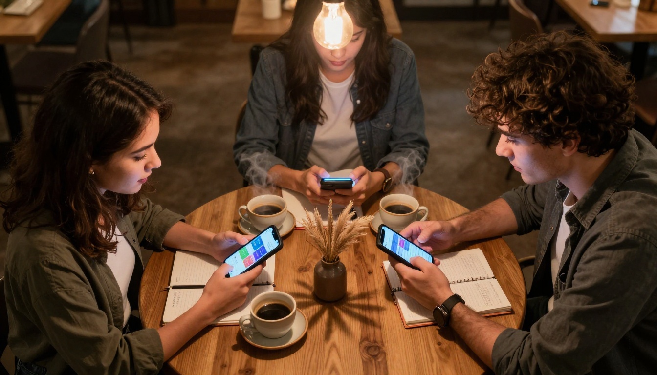 Overhead view of young professionals viewing digital catalogs on smartphones at a café table Overhead view of young professionals viewing digital catalogs on smartphones at a café table