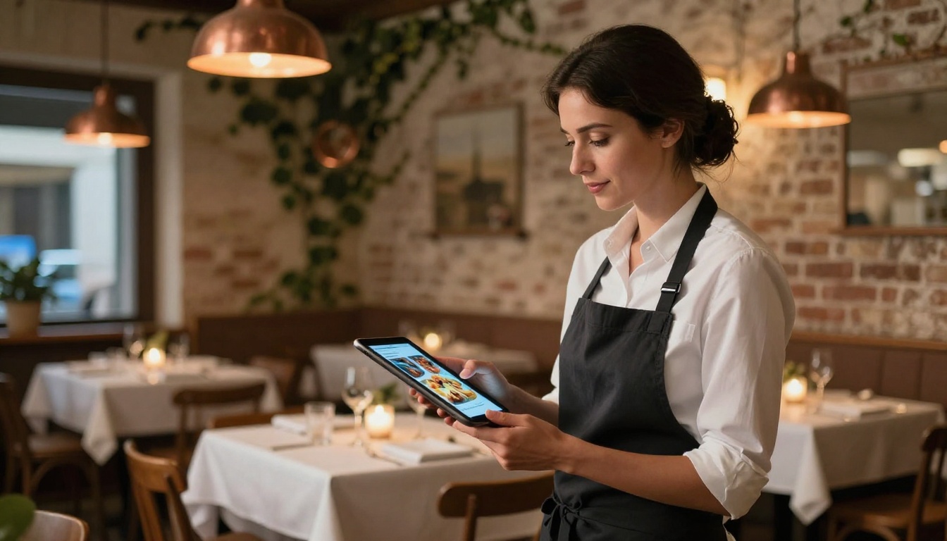 Restaurant manager holding a sleek tablet showing a digital menu inside a warm rustic restaurant with candlelit tables and copper pendant lights