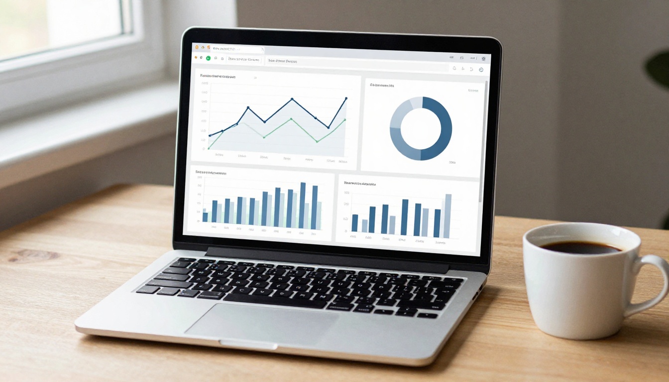 Analytics dashboard on an open laptop showing clean bar charts and line graphs on a minimal Scandinavian desk with a ceramic coffee cup