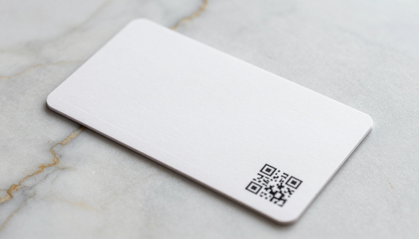 Macro close-up of a QR code on a matte white business card resting on a natural Carrara marble surface with gold veining