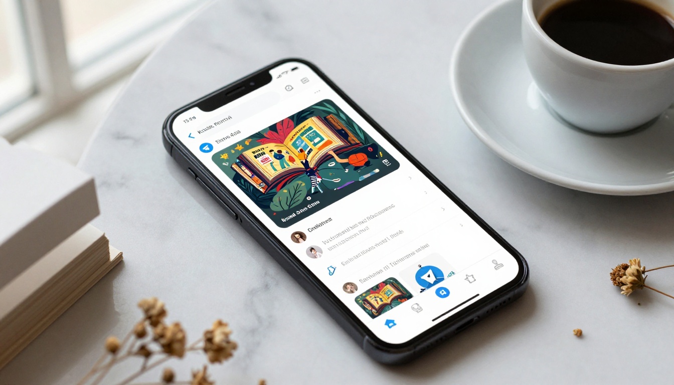 Smartphone on white marble showing Telegram channel feed with a rich flipbook link preview card