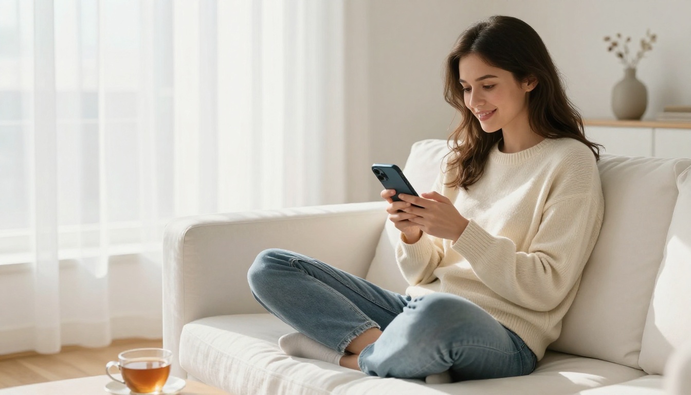 Woman scrolling through a Telegram channel on her phone in a bright airy living room