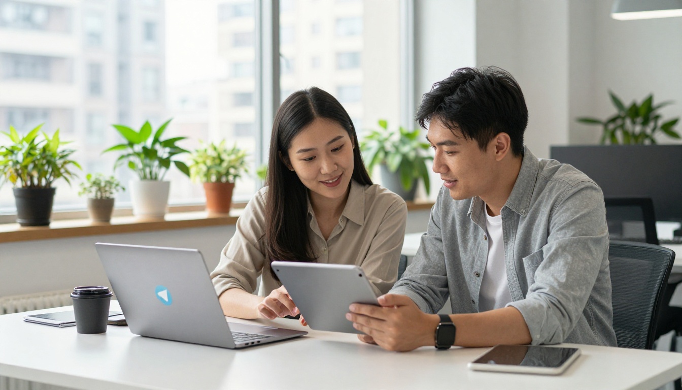 Two marketing professionals reviewing digital flipbook content in a bright modern office