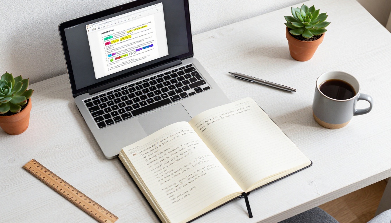 Aerial view of a desk with laptop showing a PDF being converted to a digital flipbook