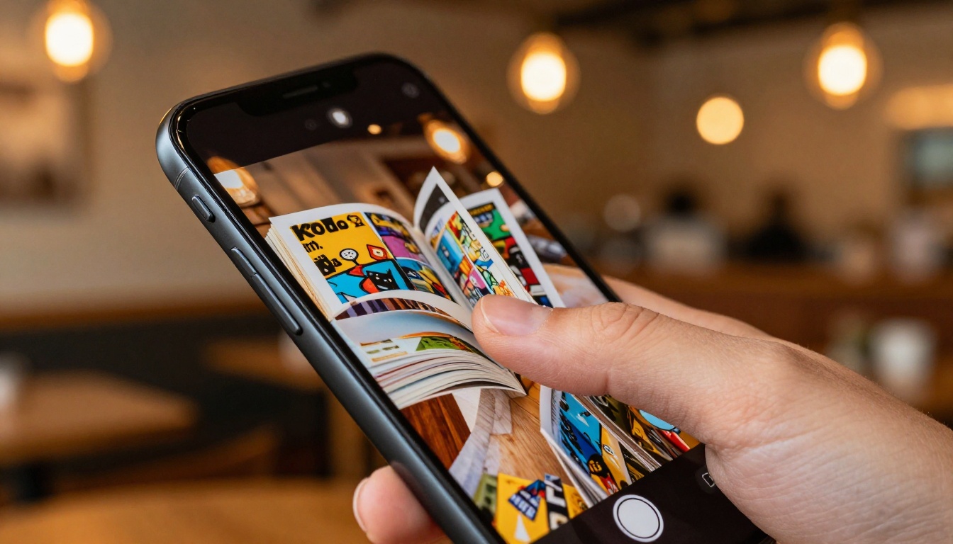 Close-up of a hand holding a smartphone showing an interactive flipbook with a page caught mid-turn