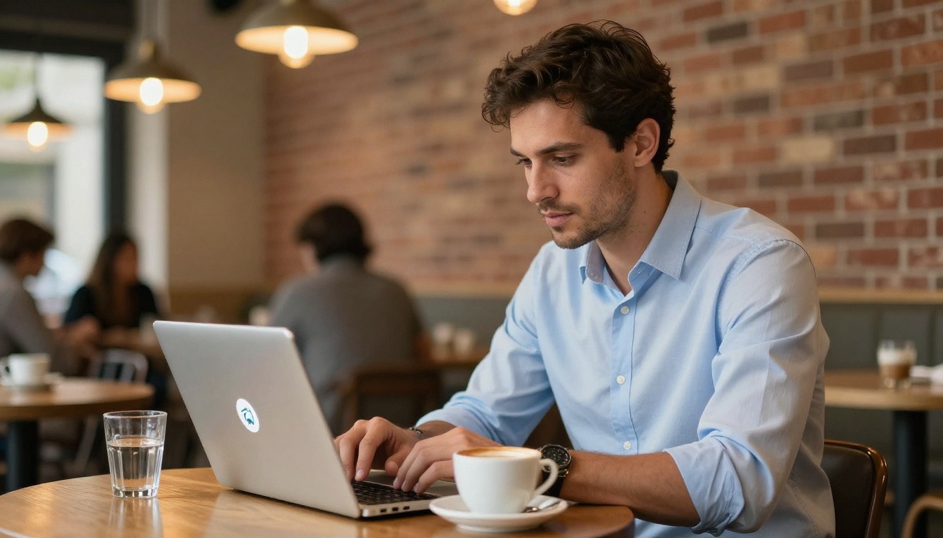 Business professional at a cafe with a laptop open showing a Telegram channel with a pinned flipbook post