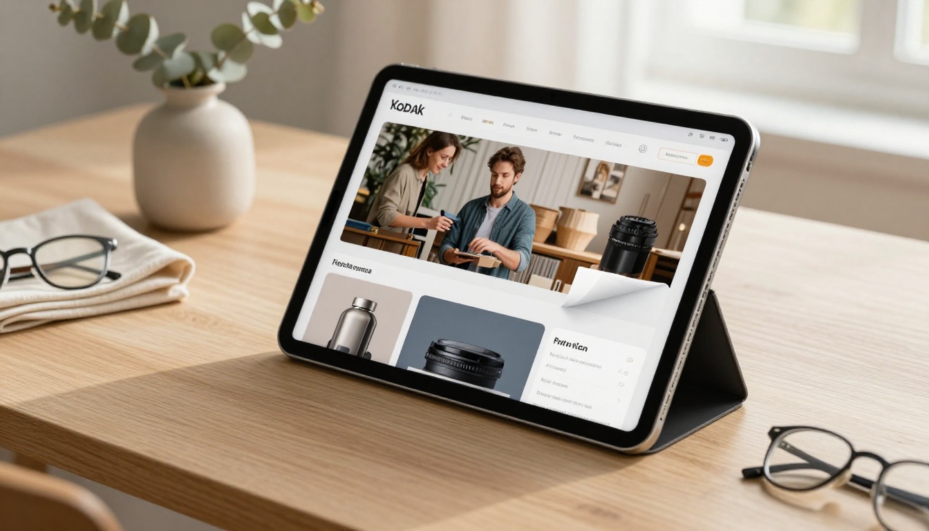 iPad on a light oak wooden table displaying an interactive digital product catalog with a page-flip curl visible