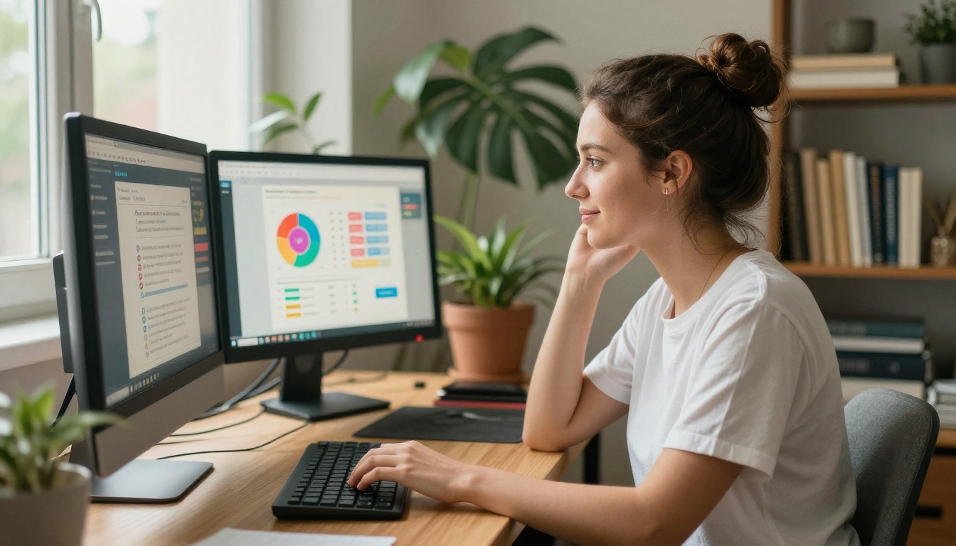Female entrepreneur at a dual monitor home office setup with Telegram analytics on one screen and a flipbook creation tool on the other
