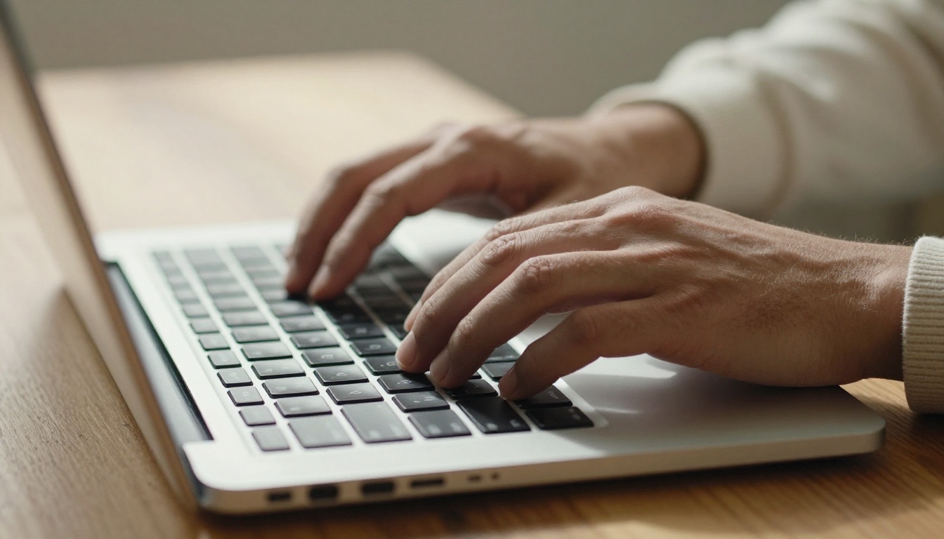 Macro close-up of hands typing on a laptop keyboard with warm directional light Macro close-up of hands typing on a laptop keyboard with warm directional light