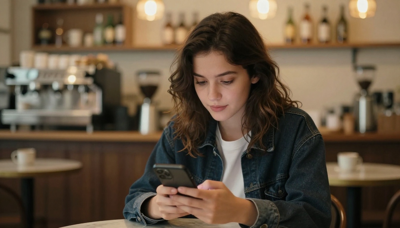 Young woman browsing Reddit on her smartphone at a warm café