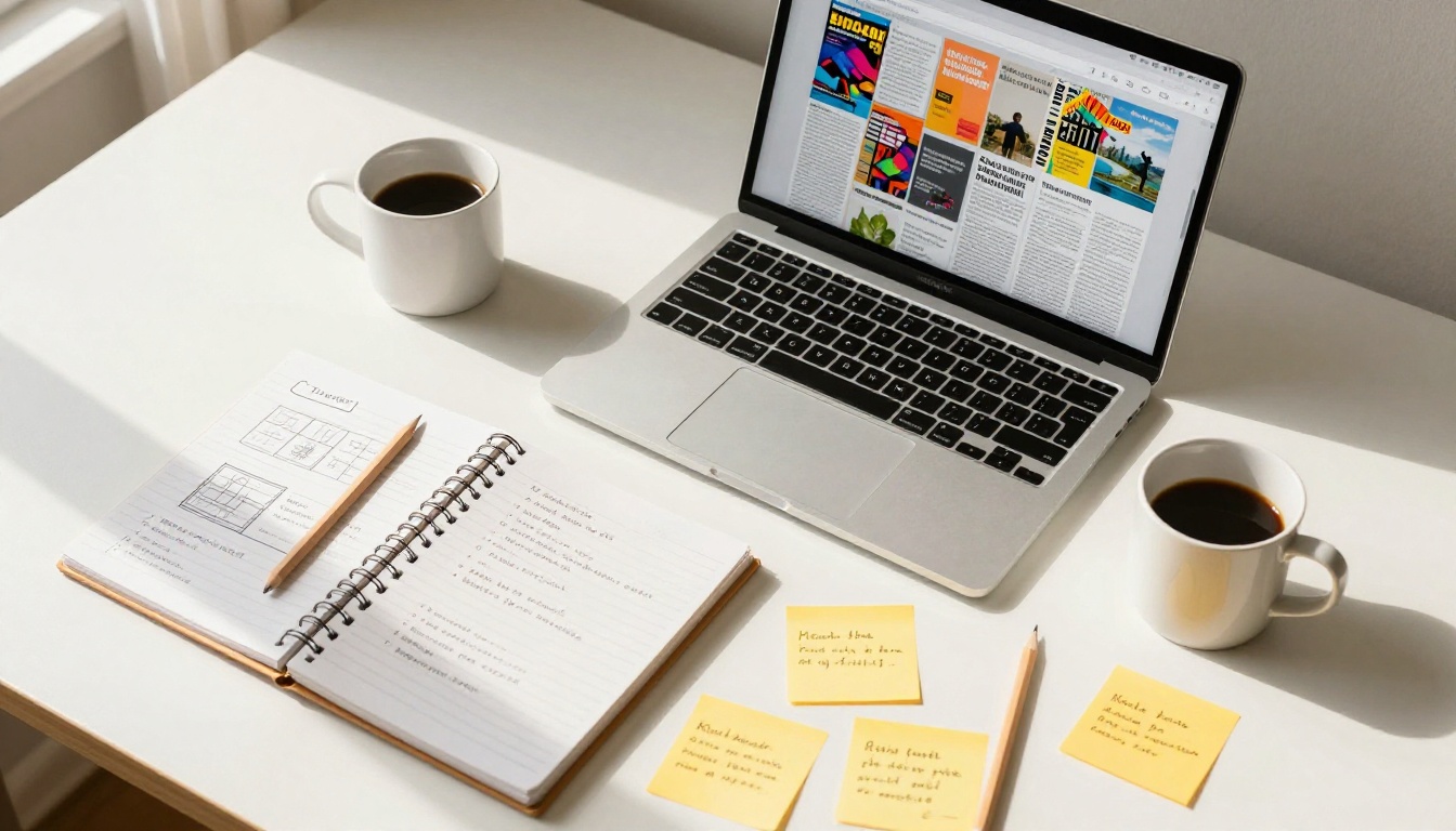 Overhead flat-lay workspace with laptop showing digital flipbook interface and handwritten notes