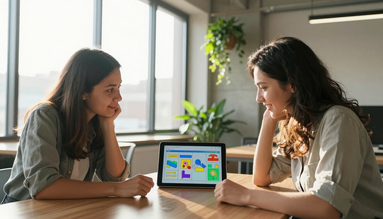 Two professionals in a modern office reviewing a digital flipbook on a tablet together