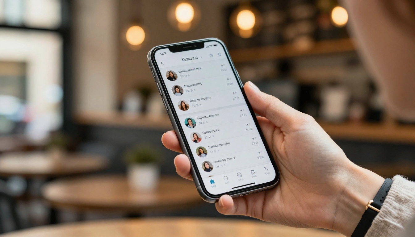Smartphone displaying social media post analytics with warm café bokeh in the background Smartphone displaying social media post analytics with warm café bokeh in the background