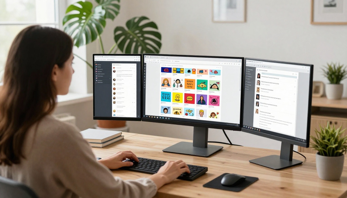 Woman at a standing desk reviewing a digital flipbook and social media tabs on a wide monitor Woman at a standing desk reviewing a digital flipbook and social media tabs on a wide monitor