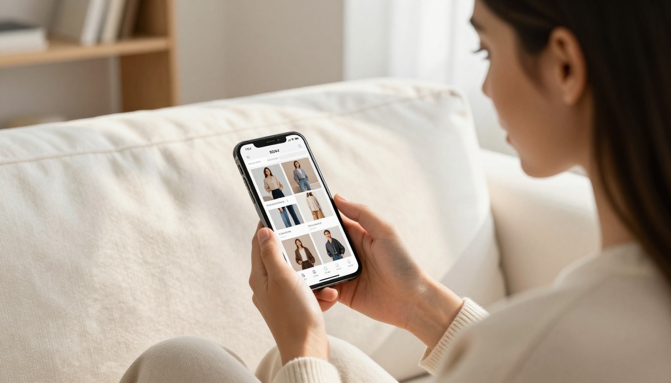 Young woman in cream sweater browsing a digital fashion catalog on her smartphone on a sofa