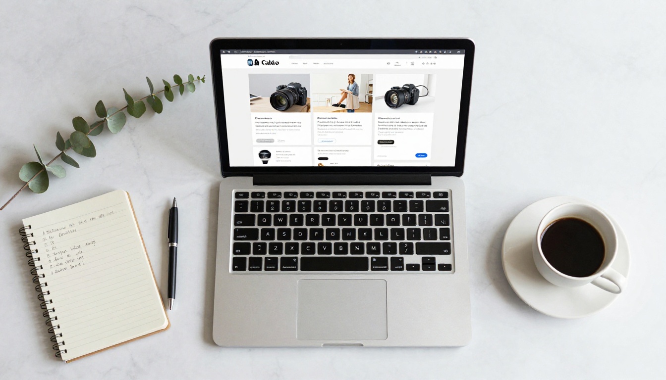 Overhead flat-lay of a laptop on marble desk showing a digital product catalog with coffee and notebook beside it