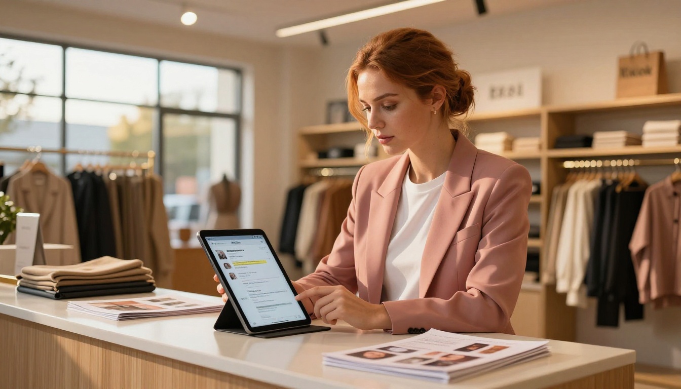 Woman with auburn hair at a boutique counter showing catalog link on a tablet