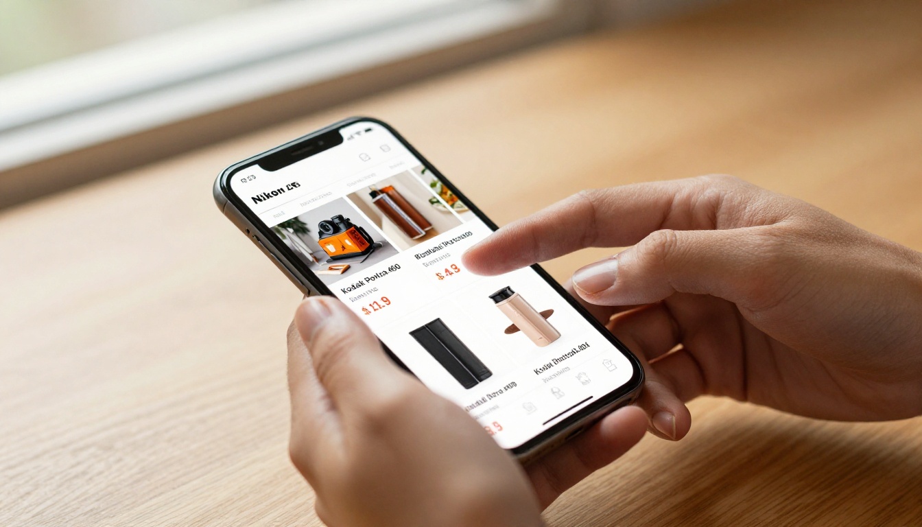 Two hands holding a smartphone, one finger mid-swipe through a digital product catalog