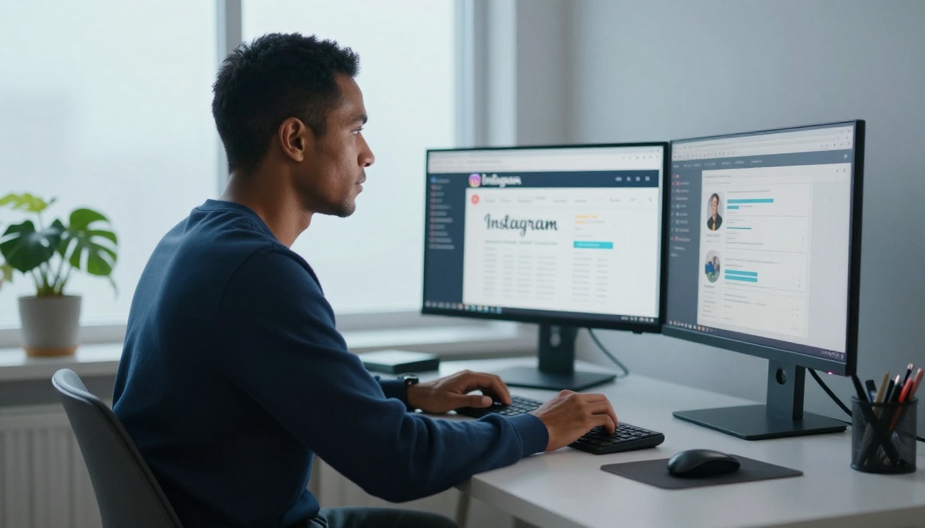 Man at a home office desk reviewing Instagram analytics on one monitor and a catalog on another
