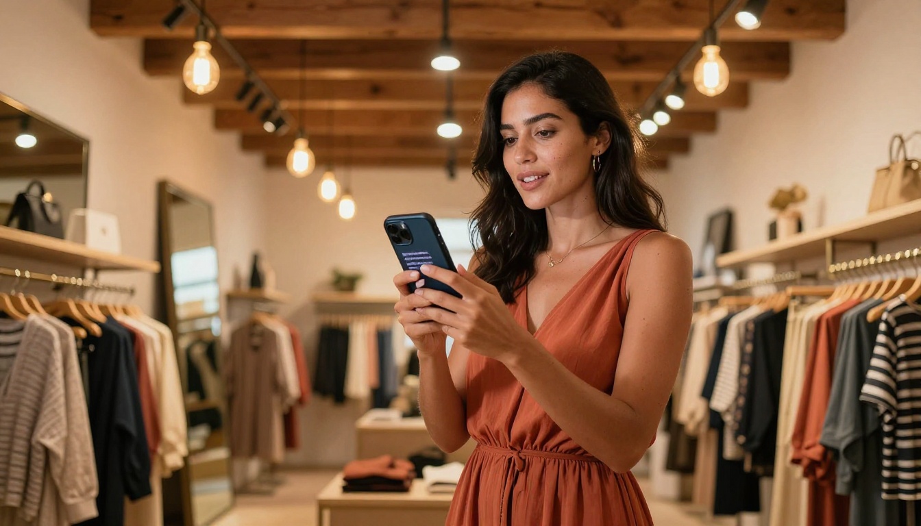 Woman in terracotta dress standing in a clothing boutique holding up a smartphone with Instagram bio visible