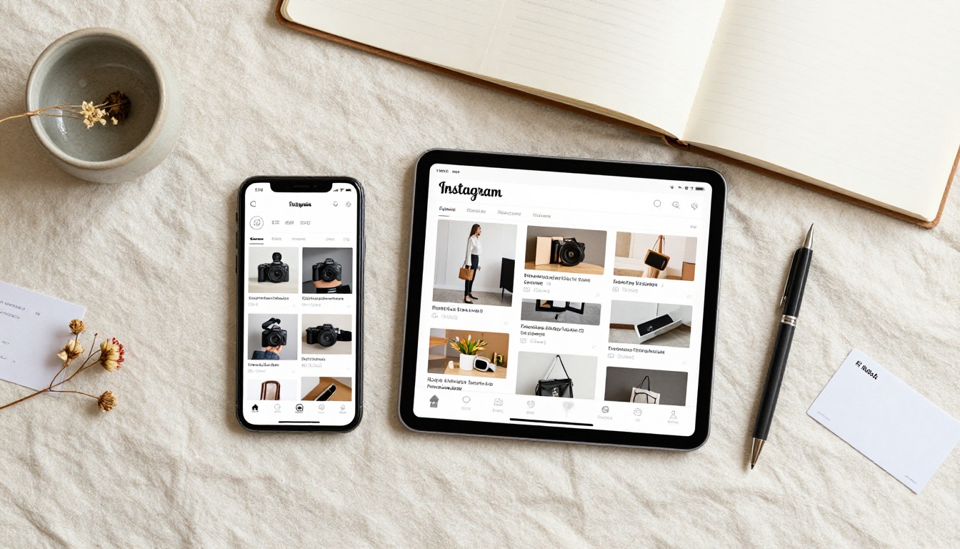 Aerial flat-lay of a smartphone and tablet side by side, both showing views of the same digital catalog