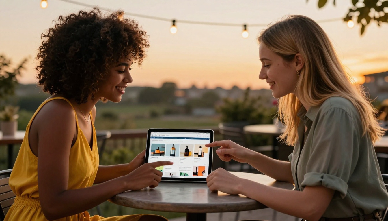 Two women sitting at an outdoor café terrace sharing a tablet with a digital product catalog open between them