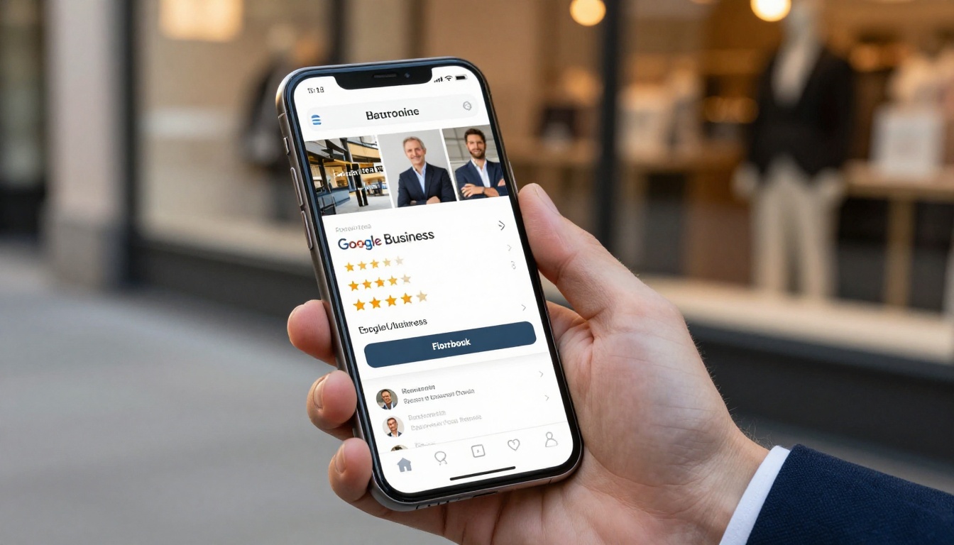 Google Business Profile on a smartphone showing a business listing with flipbook content visible