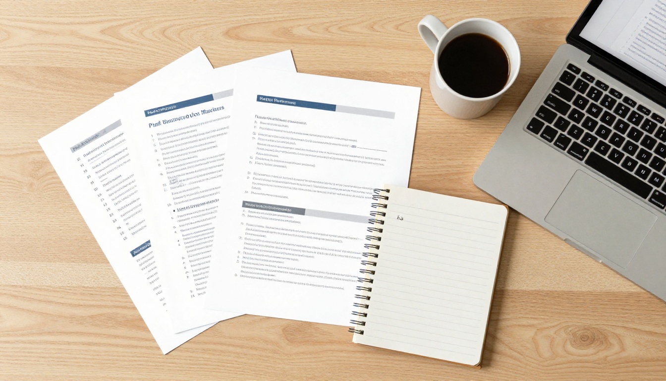Aerial flat lay of PDF documents and a laptop showing the flipbook upload interface on the screen