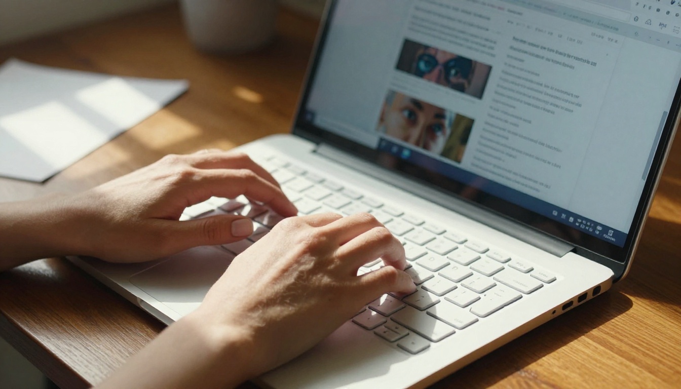 Hands typing on a laptop while copying a shareable flipbook link from the sharing panel
